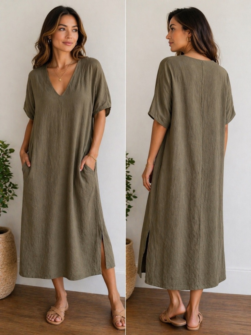 Suzanne Somers Taupe Lagenlook Linen Blend Modest Midi Dress Pockets V-Neck